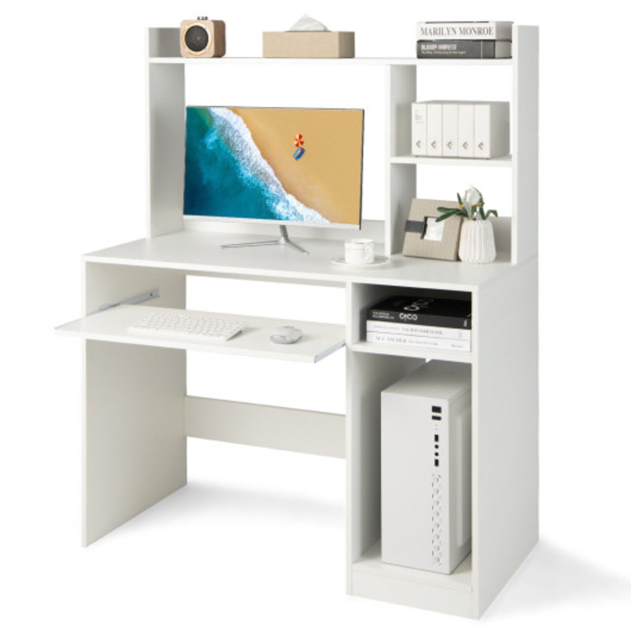 2-in-1 Computer Desk with Open Storage Shelves and Keyboard CPU Stand